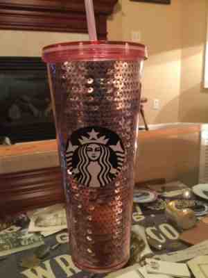Starbucks 2017 Pink Rose Gold Sequins 24 oz Cup Limited Edition Holiday Tumbler - Sold on eBay Dec, 13th 2018 for $39.99