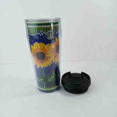 Starbucks 2002 Barista Travel Mug Blue with Sun Flowers and Green ring around it - Sold on eBay Dec, 6th 2018 for $12.85