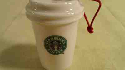 Starbucks Ceramic Holiday Ornament 2004 White Cup Green Logo  - Sold on eBay Dec, 16th 2018 for $10.55