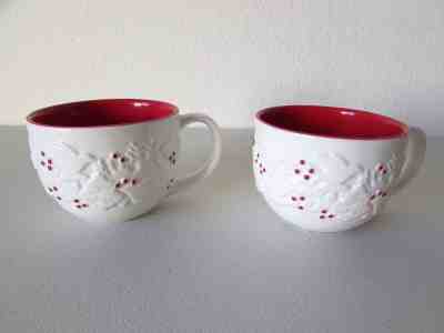 2 Starbucks Red & White Embossed Deer & Doves Christmas Mugs 2008 - Sold on eBay Dec, 16th 2018 for $14.99