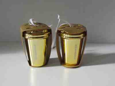 2 Starbucks Ceramic Christmas Holiday Ornaments Gold To Go Cup Travel Mug 2012 - Sold on eBay Dec, 16th 2018 for $9.95