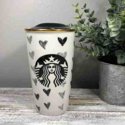 NIB - Starbucks Black Hearts Tumbler Ceramic Red W/Box 2014  - RARE - Sold on eBay Dec, 16th 2018 for $75.00