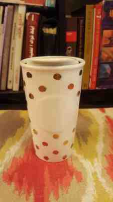 Starbucks 2014 10oz Ceramic Gold Polka Dot Traveler Coffee Tumbler Free shipping - Sold on eBay Dec, 16th 2018 for $19.99