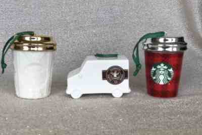 Starbucks 2016 Holiday Ornaments ~ White Sweater & Red Plaid Cups Delivery Truck - Sold on eBay Dec, 16th 2018 for $19.49