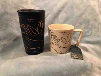 Starbucks 2017 Anniversary Blue Gold Siren 12 oz Ceramic Tumbler + White Mug - Sold on eBay Dec, 17th 2018 for $16.00