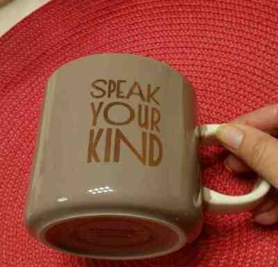 STARBUCKS SPEAK YOUR KIND Coffee Mug Holiday 2017 Taupe EUC Gold Lettering - Sold on eBay Dec, 16th 2018 for $12.50