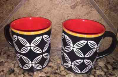 RARE 2008 Starbucks BLACK Mugs Engrave AZTEC FLOWER BONE CHINA S/2 EUC 16 oz - Sold on eBay Dec, 11th 2018 for $41.00
