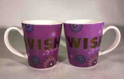 STARBUCKS PAIR 2 Bone China Coffee Holiday 2006 WISH Mug 14 White Purple Gold - Sold on eBay Dec, 10th 2018 for $15.99
