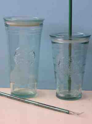 Set of 2 - Starbucks recycled heavy glass tumblers 16oz & 20oz made in Spain - Sold on eBay Nov, 20th 2018 for $59.99