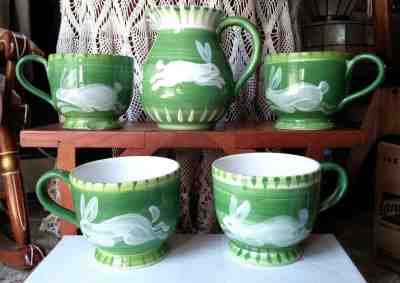 STARBUCKS CIAO ITALYA BELLINI PITCHER & 4 MUGS SET GREEN W WHITE RABBITS VGUC  - Sold on eBay Sep, 19th 2018 for $23.00