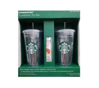 NEW Starbucks Tumblers To Go 2 x 20 oz douible wall acrylic w/ Straws, VIA Lemon - Sold on eBay Nov, 22nd 2018 for $23.99