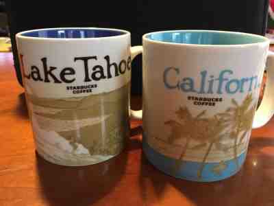 Set of two Starbucks coffee Mugs California & Lake Tahoe Large redwoods surf ski - Sold on eBay Dec, 16th 2018 for $12.99