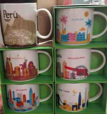 New lot of 6 Starbucks mugs Peru Florida Atlanta Philadelphia Ny Nashville 