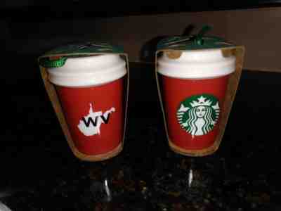 (2) NEW STARBUCKS MINI TRAVEL MUG CERAMIC ORNAMENT MERMAID WEST VIRGINIA 2 5/8" - Sold on eBay Oct, 7th 2018 for $14.95