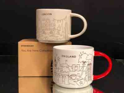 2 Starbucks Mugs YAH London 2017 & England 2018 Christmas Edition - Sold on eBay Dec, 12th 2018 for $60.00