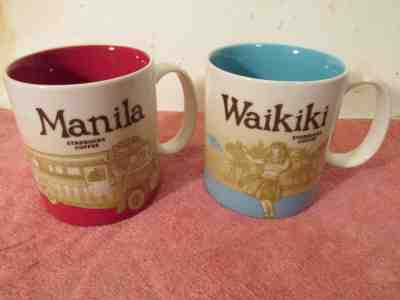 LOT OF TWO STARBUCKS 16oz CERAMIC COFFEE MUGS 2011 WAIKIKI & 2012 MANILA  NICE - Sold on eBay Feb, 8th 2019 for $45.44