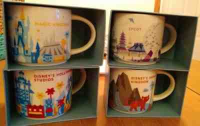 4 STARBUCKS DISNEY MUGS: ANIMAL & MAGIC KINGDOM, EPCOT PURPLE/SILVER & HOLLYWOOD - Sold on eBay Feb, 1st 2019 for $225.00
