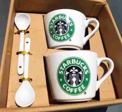 Starbucks 1992 Twin Set Small Vintage retro Coffee Mug Cups with spoons Espresso - Sold on eBay Dec, 17th 2018 for $19.99