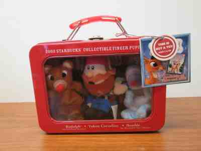 Starbucks Finger Puppets in lunch box Rudolph Bumble, Yukon Cornelius 2003 - Sold on eBay Feb, 11th 2019 for $15.00