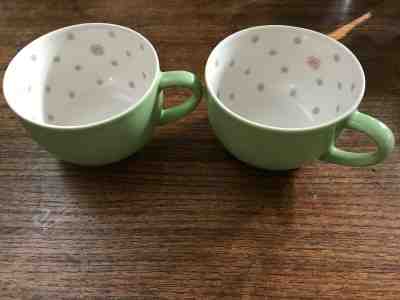 (2) Starbucks Coffee Tea Cup Mugs 2005 Green Grey Polka Dot Pink Flower - Sold on eBay Feb, 14th 2019 for $23.00