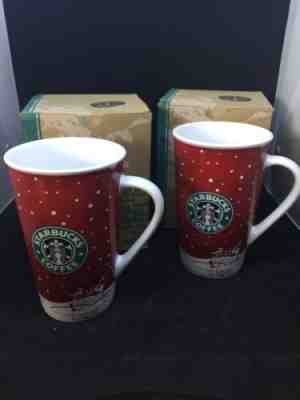 Set of 2 STARBUCKS 2007 Holiday Christmas 16oz Ceramic Mug Cup Skate Snow Design - Sold on eBay Feb, 13th 2019 for $30.00