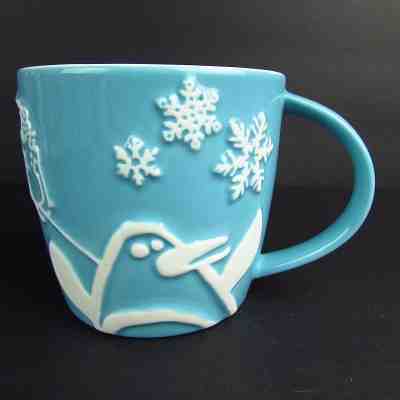 Starbucks Blue Holiday Christmas Mug Embossed Penguin Snowman Snowflakes Trees  - Sold on eBay Feb, 13th 2019 for $22.95
