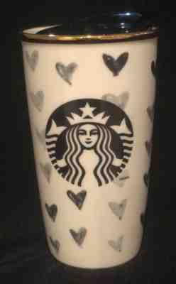 Starbucks 2014 Dot Collection Ceramic Black Hearts Tumbler Coffee Cup - Sold on eBay Feb, 12th 2019 for $11.00