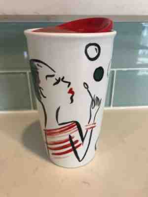 Starbucks White Ceramic Travel Mug 2015 12oz Ponytail Girl Bubbles Red - Sold on eBay Feb, 13th 2019 for $31.47