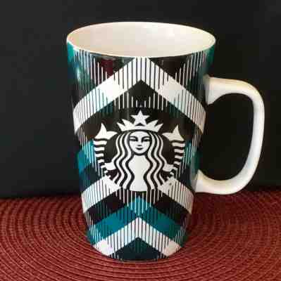 Retired Starbucks 2015 Teal/White Tartan Plaid Tall 16oz Coffee Mug Mermaid Logo - Sold on eBay Feb, 13th 2019 for $8.00