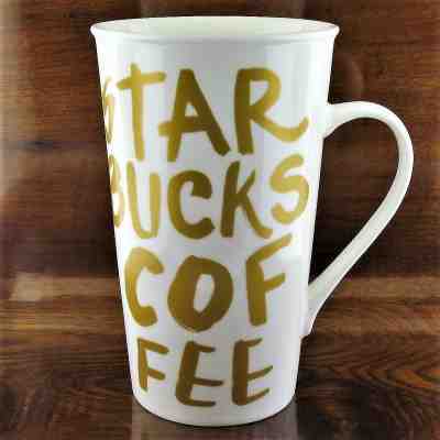 New 2015 Tall Starbucks White & Gold Graffiti Writing Coffee Mug 16 oz - Sold on eBay Feb, 10th 2019 for $17.47