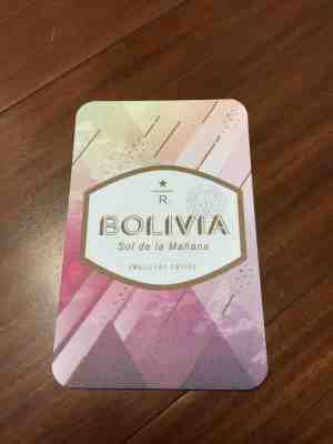 STARBUCKS RESERVE BOLIVIA SOL DE LA MANANA Coffee card / Coffee bean label - Sold on eBay Jan, 26th 2019 for $3.00