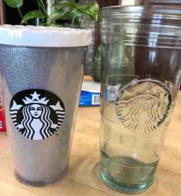 Lot Of 2 Starbucks Glasses. 20 Oz Spain & 16 Oz Silver Glitter W/ Lid. GREAT - Sold on eBay Feb, 12th 2019 for $19.99