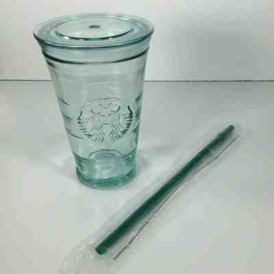 Starbucks Recycled Green Glass 16oz Cold to Go Cup Tumbler w Straw Made in Spain - Sold on eBay Feb, 11th 2019 for $24.99