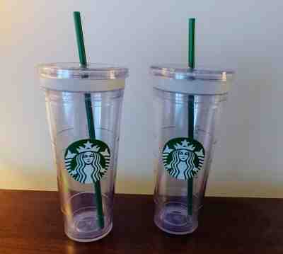 2 Starbucks Tumbler reusable Plastic To Go Cup With Lid Straw Logo 24oz Venti - Sold on eBay Jan, 31st 2019 for $12.55