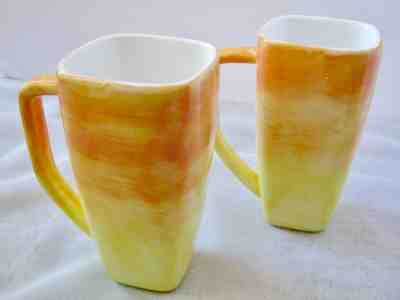 2 pcs. Starbucks Coffee Mugs Orange Yellow Square Hand Painted Italy 16 oz 6" - Sold on eBay Feb, 14th 2019 for $19.99