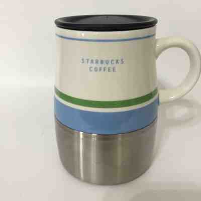 Starbucks Ceramic Stainless Steel Blue Green Stripe Coffee Mug Traveler 2005  - Sold on eBay Feb, 22nd 2019 for $13.00
