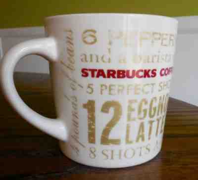 Starbucks Coffee 12 DAYS HOLIDAY Mug 2008 Gold Red 14 OZ Barista in Green Apron! - Sold on eBay Feb, 22nd 2019 for $4.99