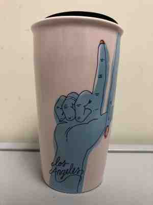 Starbucks LOS ANGELES Pink Blue Fingers Double-Wall Ceramic Coffee Tumbler 12fl - Sold on eBay Feb, 19th 2019 for $33.50