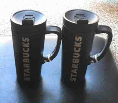 *Matched Pair* Black Starbucks Travel Mugs w/CLIP HANDLES 2013 Metal 16oz NICE - Sold on eBay Jan, 9th 2019 for $22.99