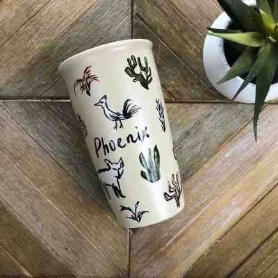 STARBUCKS Phoenix AZ Cactus Tall Ceramic Travel Mug Lid Desert Coyote Roadrunner - Sold on eBay Dec, 15th 2018 for $30.00