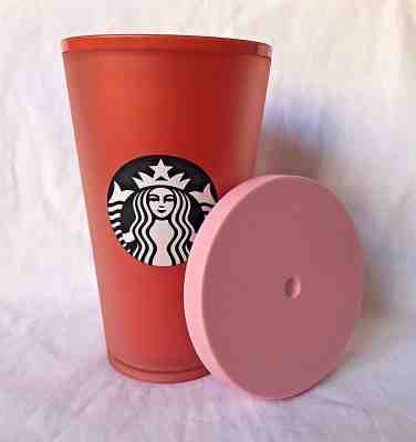 Starbucks Grande Tumbler Matte Pink Coral Orange Cold Cup 16oz Traveler NO STRAW