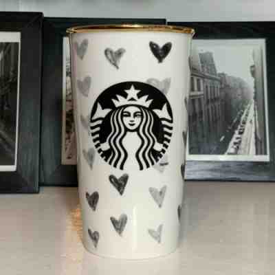 STARBUCKS 2014 12 OZ Travel Tumbler DOT COLLECTION Black Sharpie Hearts No Lid - Sold on eBay Mar, 3rd 2019 for $21.21
