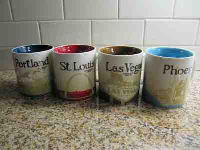 4 Starbucks Collector Series Mugs - Portland, Las Vegas , Phoenix, St. Louis - Sold on eBay Feb, 26th 2019 for $40.00