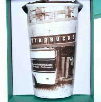Starbucks Travel Mug Double Wall w/ Lid 12oz Pike Place Market Vintage Theme - Sold on eBay Mar, 23rd 2019 for $22.99