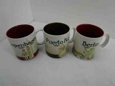 3 Starbucks Mugs Lot Puerto Rico Copenhagen Berlin