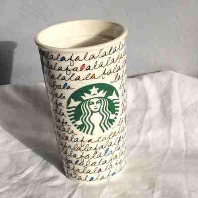 STARBUCKS 2011 Fa La La  Ceramic Dbl Wall Travel Tumbler 12 oz No Lid - Sold on eBay Apr, 8th 2019 for $12.99