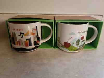 Starbucks PAIR Michigan & Detroit YAH You Are Here 14oz Mugs RETIRED NEW IN BOX - Sold on eBay Apr, 3rd 2019 for $39.95