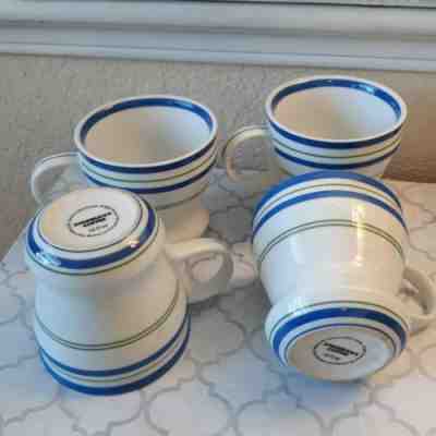 STARBUCKS 4 MUG SET Coffee cup White with Blue and green stripes 2007  12 fl oz - Sold on eBay Apr, 21st 2019 for $14.88