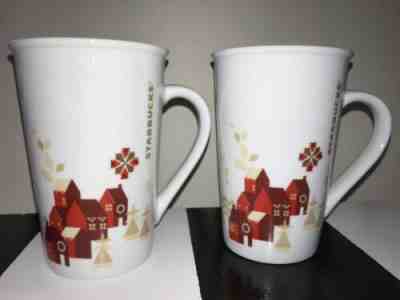 Pair STARBUCKS RED VILLAGE HOUSES COFFEE CUP MUG Brown Trees 2013 Holiday 12 oz - Sold on eBay Apr, 22nd 2019 for $12.99