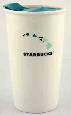 Starbucks Coffee 2014 Hawaii White Ceramic Tumbler Traveler 12 oz. Teal Lid - Sold on eBay Apr, 22nd 2019 for $25.00